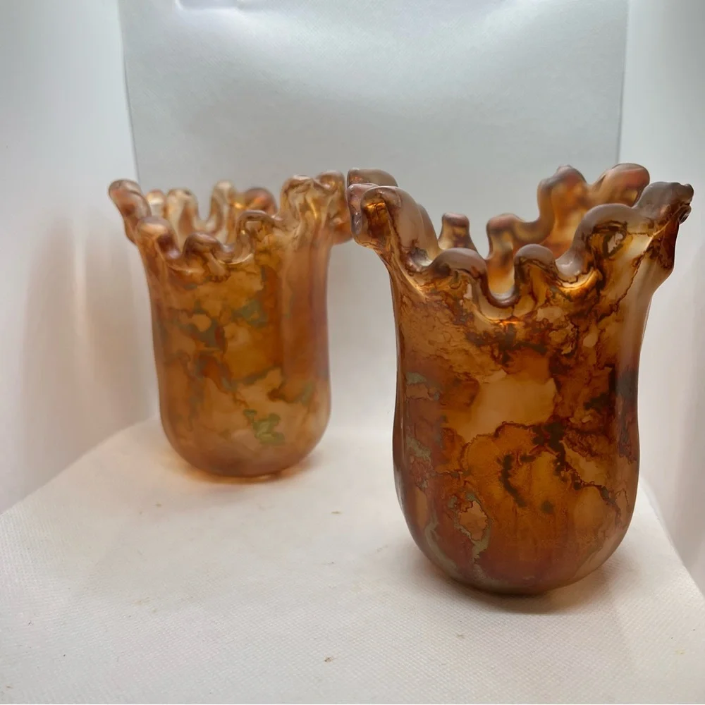 MCM Italian Swung Glass Candle Holders Amber with Metallic Swirls
